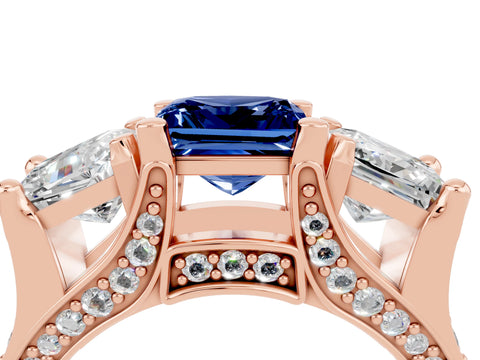 Rose gold Princess Cut Blue Sapphire Three-Stone Ring with Channel Set Band and Four-Prong Setting_4