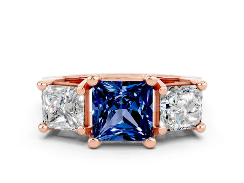 Rose gold Princess Cut Blue Sapphire Three-Stone Ring with Channel Set Band and Four-Prong Setting