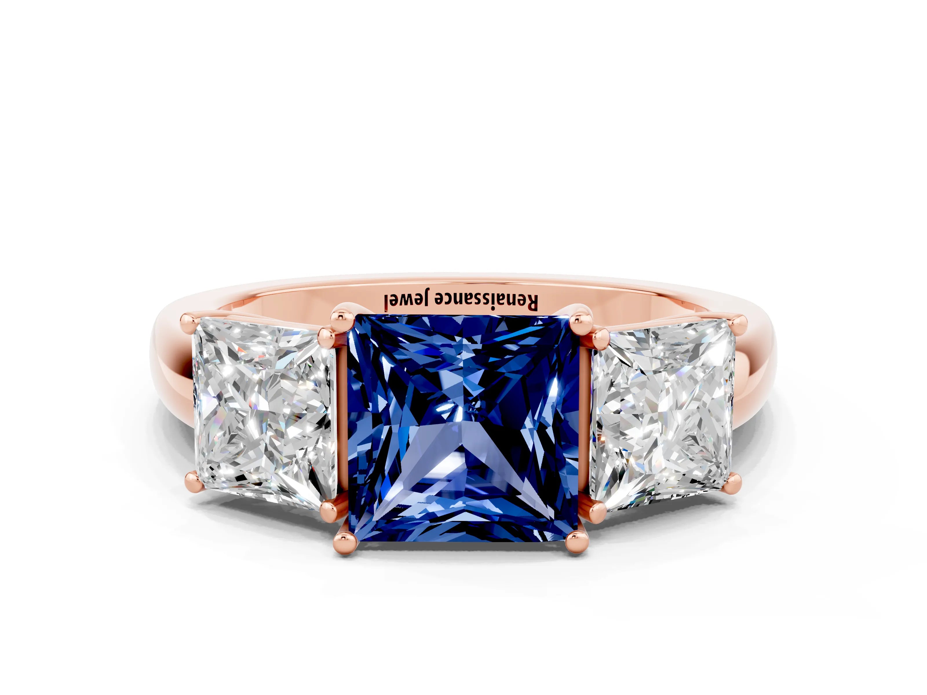 Rose gold Princess Cut Blue Sapphire Three-Stone Ring with Four-Prong Setting and Classic Band