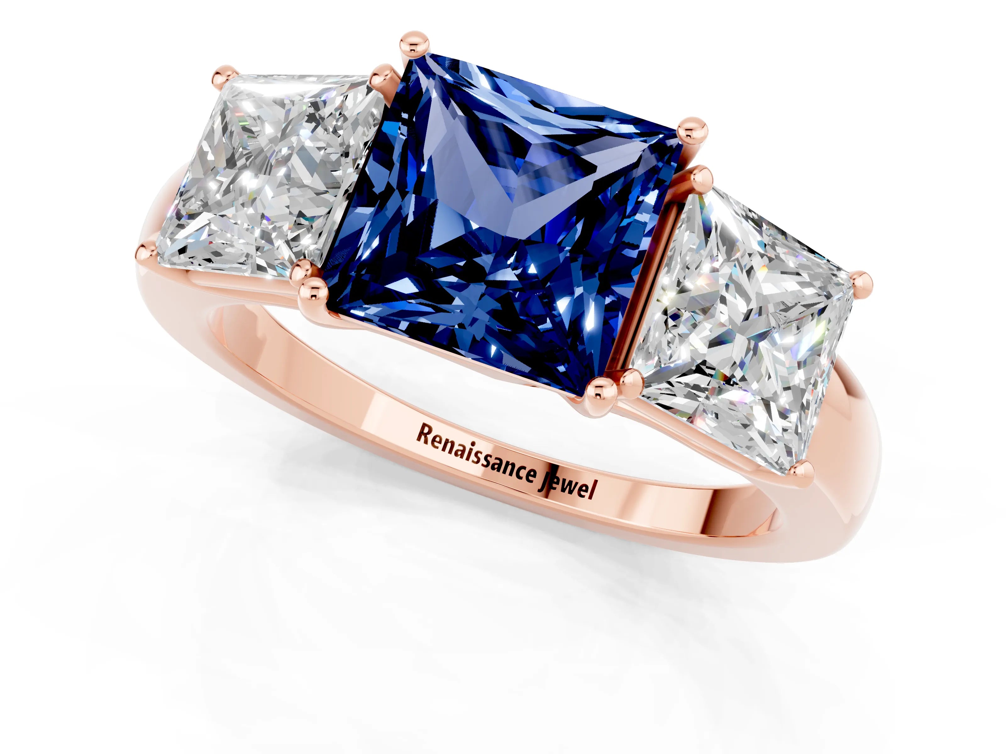 Rose gold Princess Cut Blue Sapphire Three-Stone Ring with Four-Prong Setting and Classic Band_1