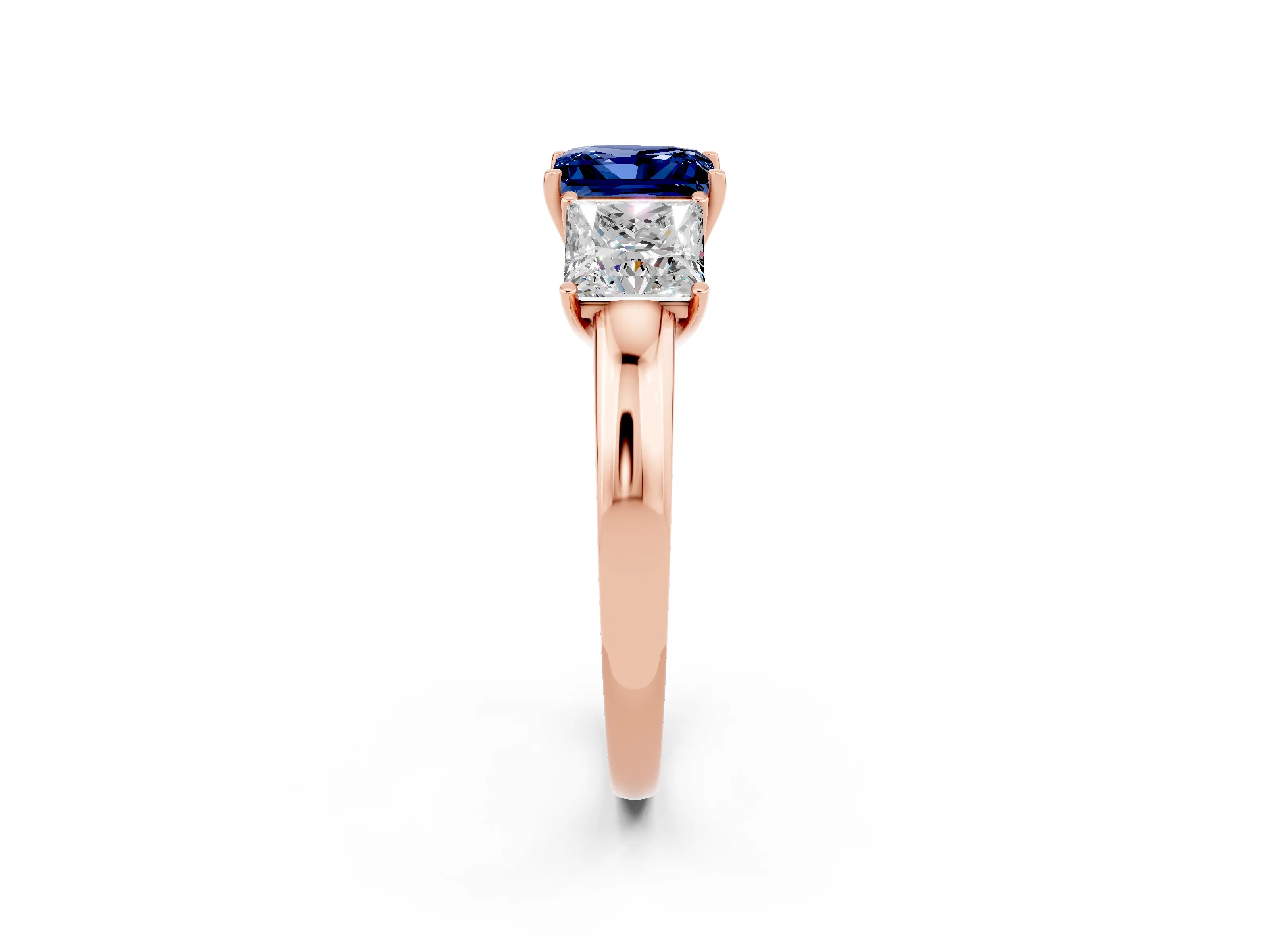 Rose gold Princess Cut Blue Sapphire Three-Stone Ring with Four-Prong Setting and Classic Band_2