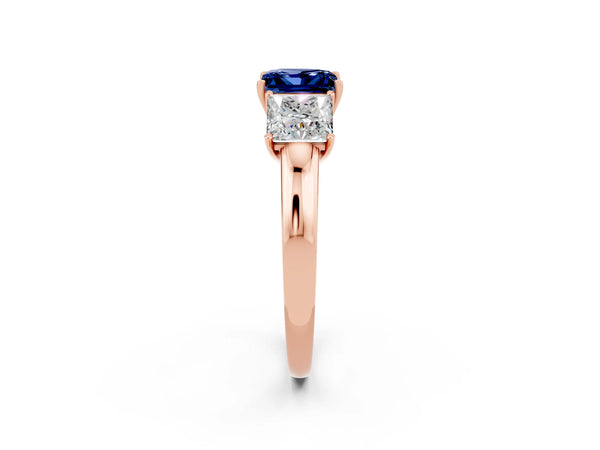 Rose gold Princess Cut Blue Sapphire Three-Stone Ring with Four-Prong Setting and Classic Band
