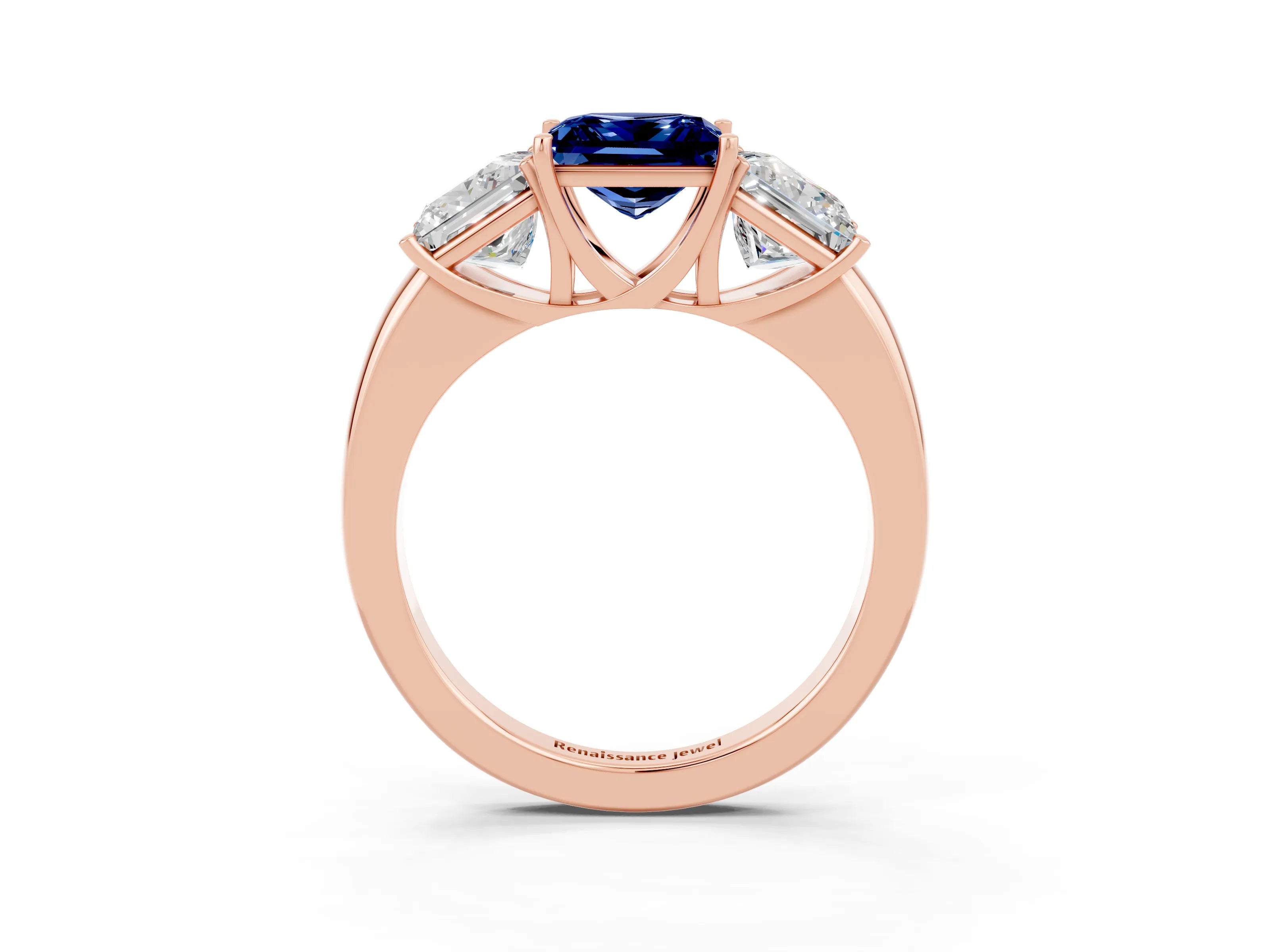 Rose gold Princess Cut Blue Sapphire Three-Stone Ring with Four-Prong Setting and Classic Band_3
