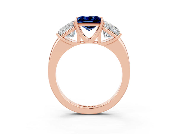 Rose gold Princess Cut Blue Sapphire Three-Stone Ring with Four-Prong Setting and Classic Band