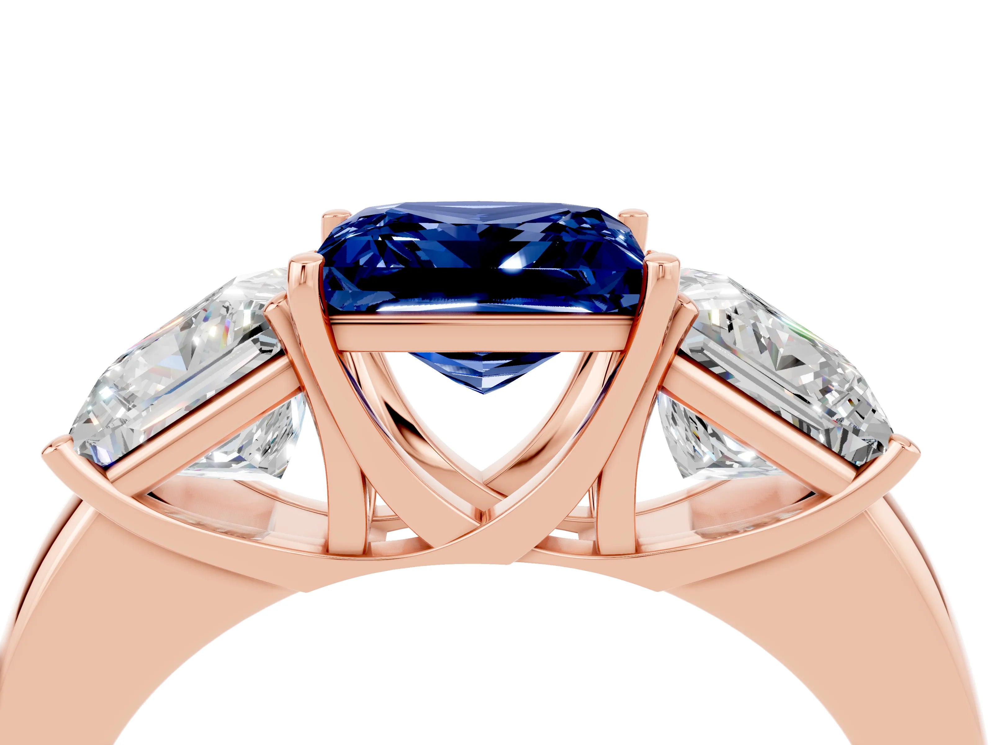 Rose gold Princess Cut Blue Sapphire Three-Stone Ring with Four-Prong Setting and Classic Band_4