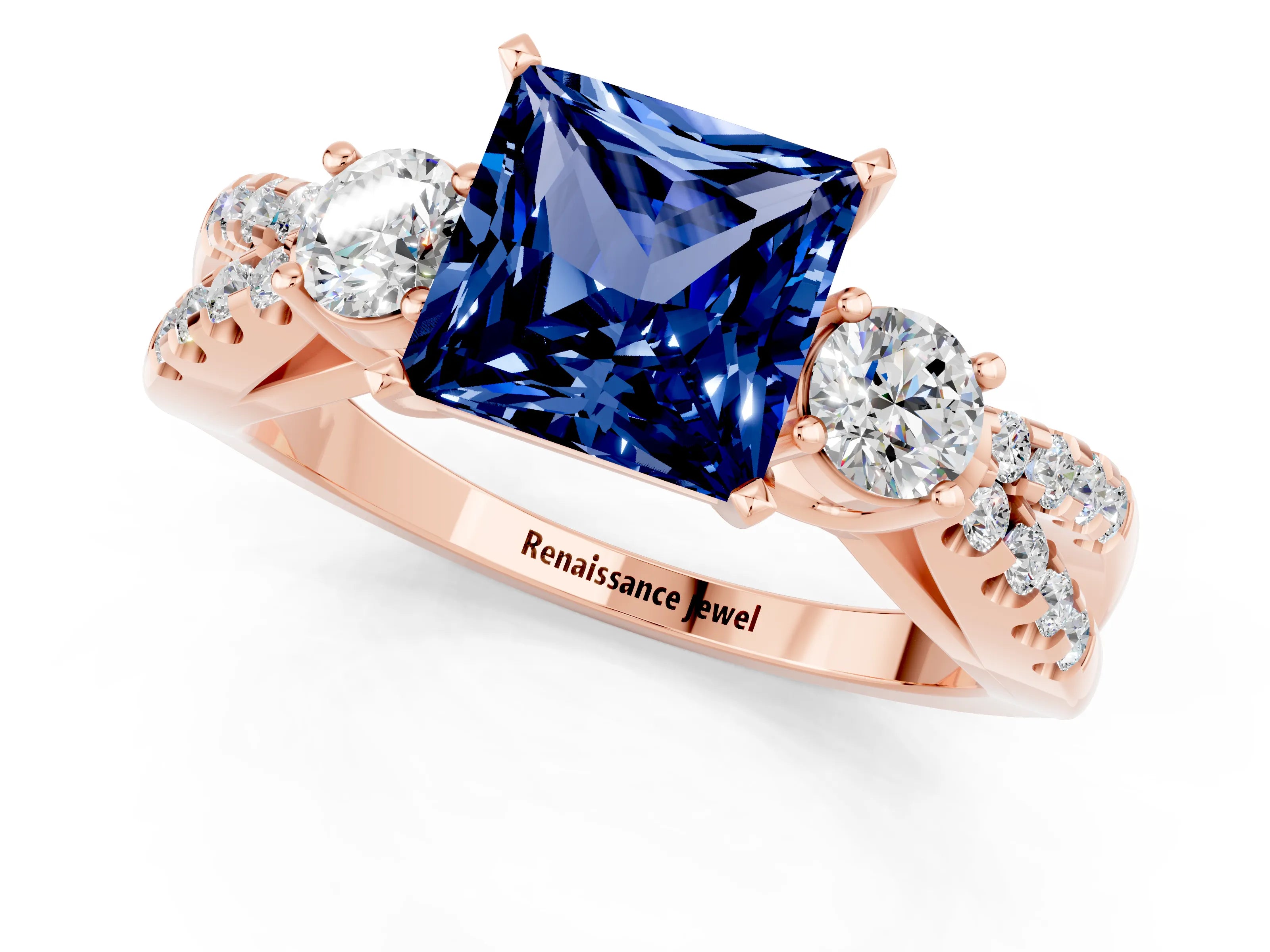 Rose gold Princess Cut Blue Sapphire Three-Stone Ring with Pavé Split Shank and Four-Prong Setting_1