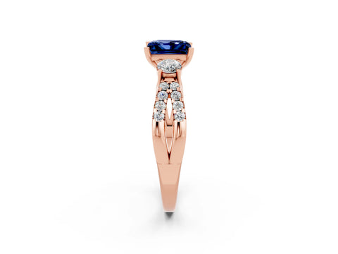 Rose gold Princess Cut Blue Sapphire Three-Stone Ring with Pavé Split Shank and Four-Prong Setting_2