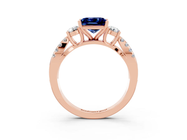 Rose gold Princess Cut Blue Sapphire Three-Stone Ring with Pavé Split Shank and Four-Prong Setting
