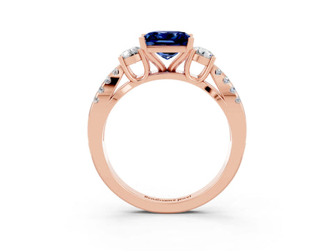 Rose gold Princess Cut Blue Sapphire Three-Stone Ring with Pavé Split Shank and Four-Prong Setting_3