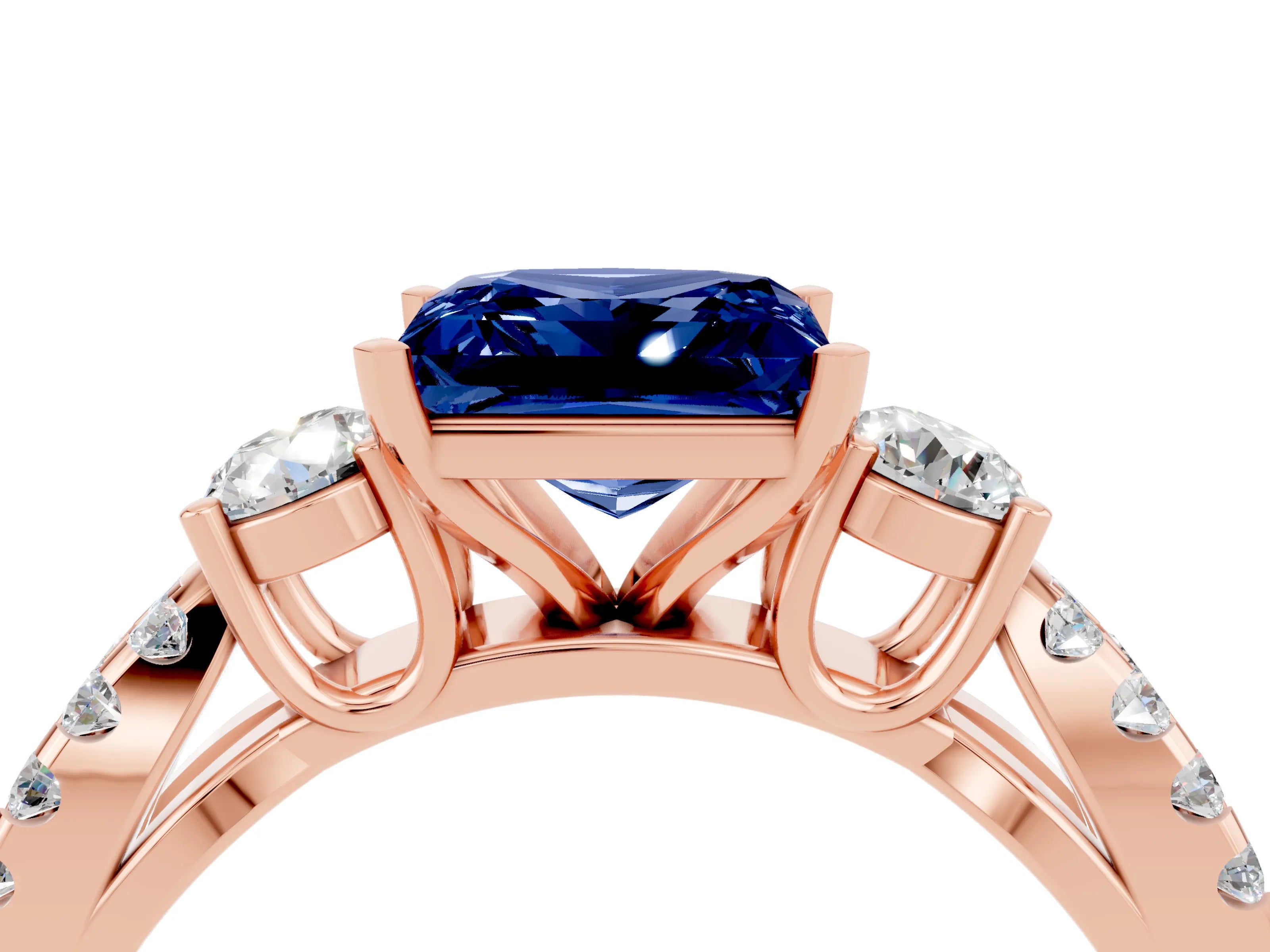 Rose gold Princess Cut Blue Sapphire Three-Stone Ring with Pavé Split Shank and Four-Prong Setting_4