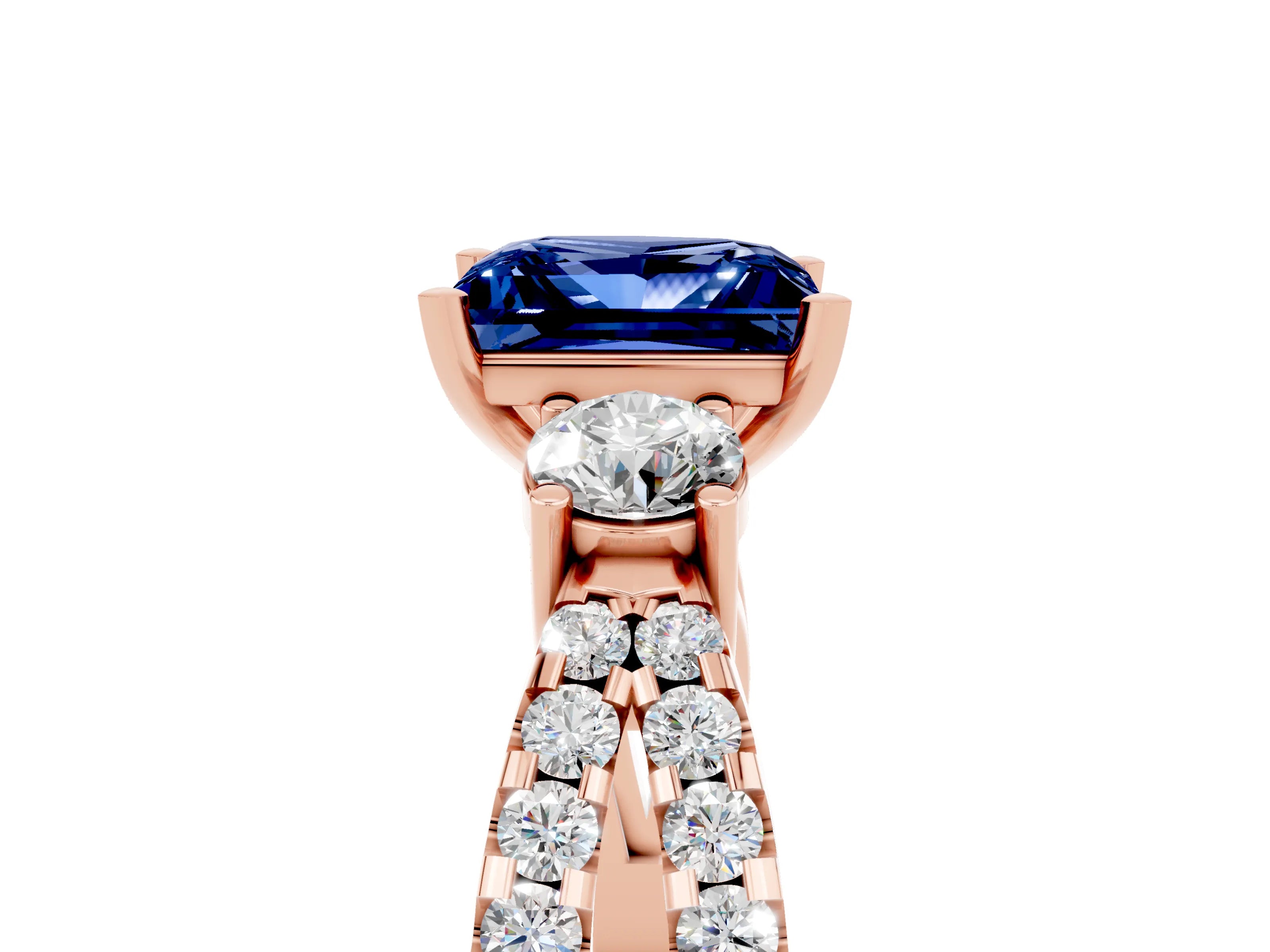Rose gold Princess Cut Blue Sapphire Three-Stone Ring with Pavé Split Shank and Four-Prong Setting_5