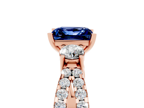 Rose gold Princess Cut Blue Sapphire Three-Stone Ring with Pavé Split Shank and Four-Prong Setting_5