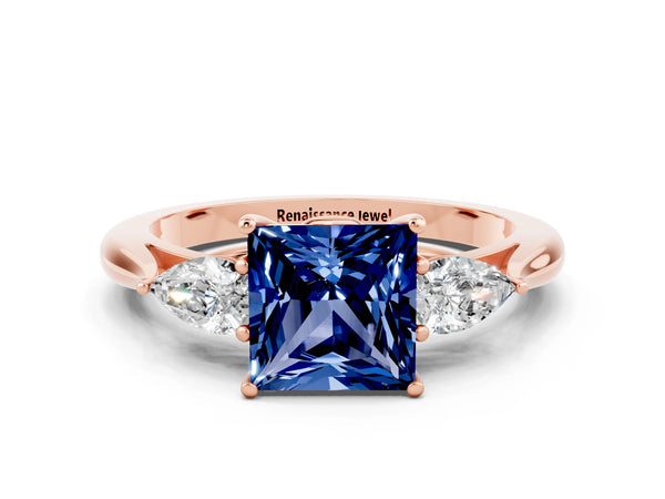 Rose gold Princess Cut Blue Sapphire Three-Stone Ring with Pear  Side Stones and Prong Setting