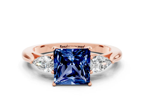 Rose gold Princess Cut Blue Sapphire Three-Stone Ring with Pear Side Stones and Four-Prong Setting_12