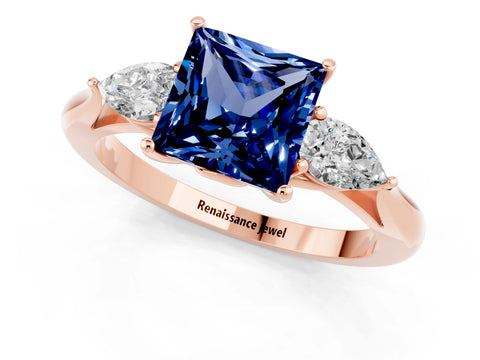 Rose gold Princess Cut Blue Sapphire Three-Stone Ring with Pear Side Stones and Four-Prong Setting_13