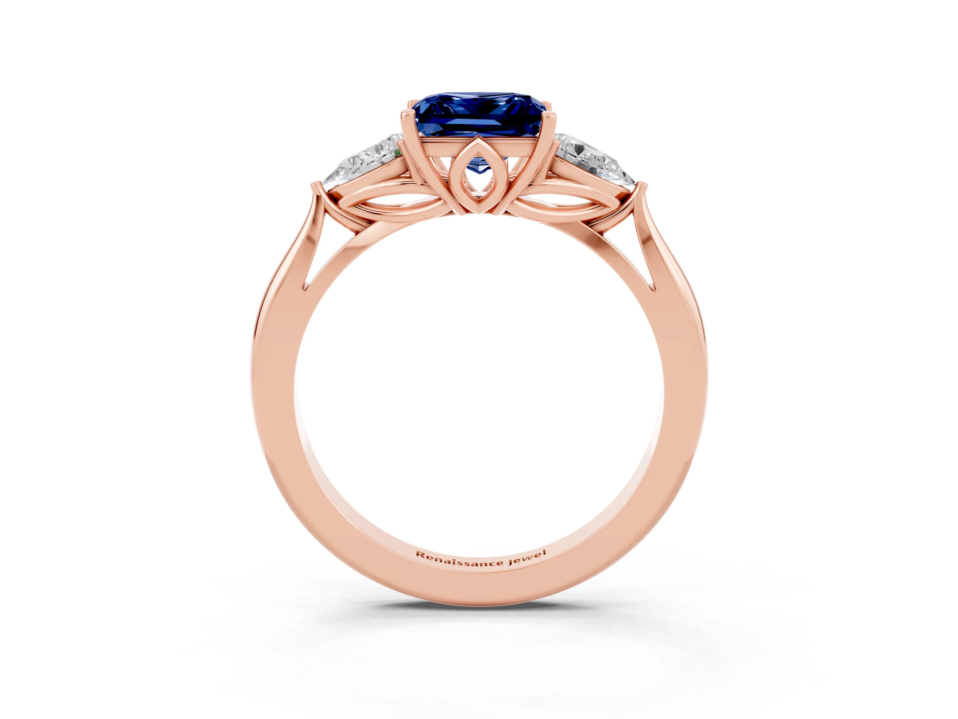 Rose gold Princess Cut Blue Sapphire Three-Stone Ring with Pear Side Stones and Four-Prong Setting_15