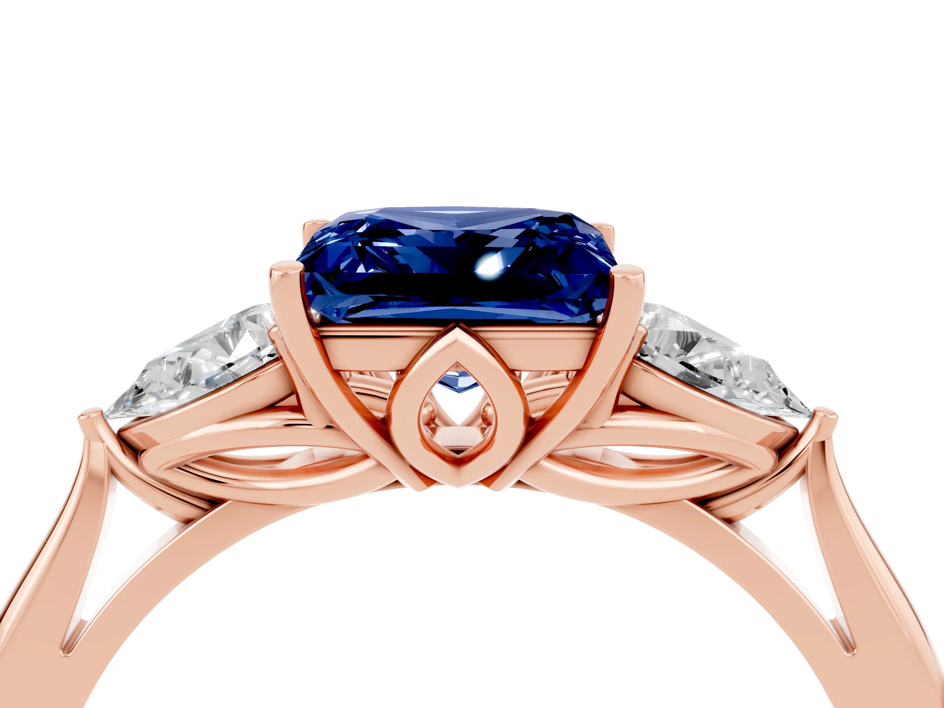 Rose gold Princess Cut Blue Sapphire Three-Stone Ring with Pear Side Stones and Four-Prong Setting_16