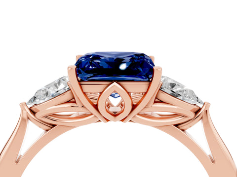 Rose gold Princess Cut Blue Sapphire Three-Stone Ring with Pear Side Stones and Four-Prong Setting_16