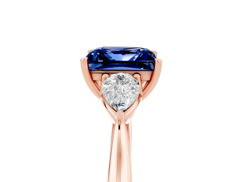 Rose gold Princess Cut Blue Sapphire Three-Stone Ring with Pear Side Stones and Four-Prong Setting_17
