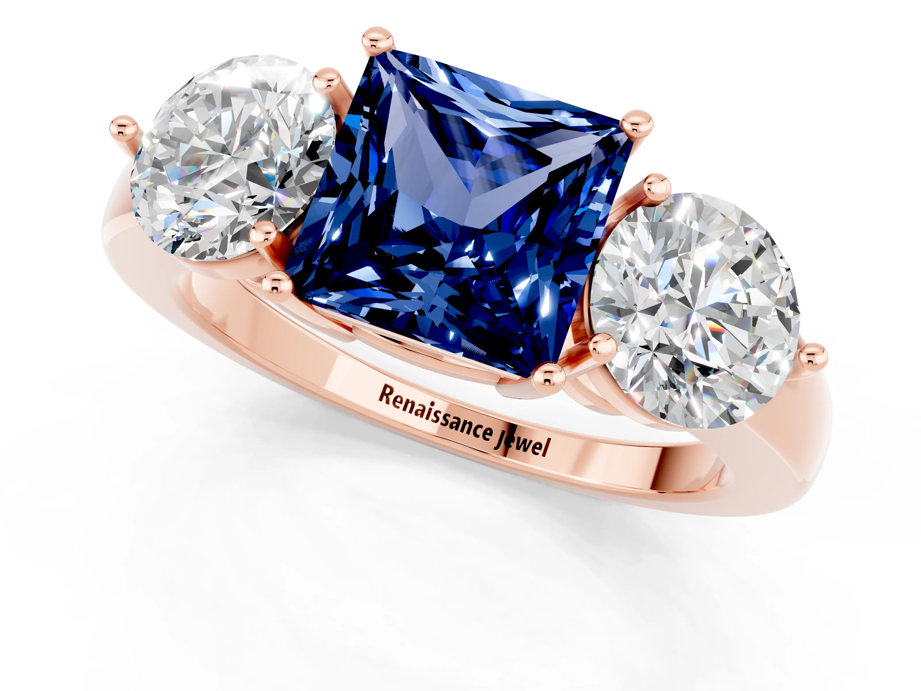 Rose gold Princess Cut Blue Sapphire Three-Stone Ring with Prong Setting and Classic Band_1