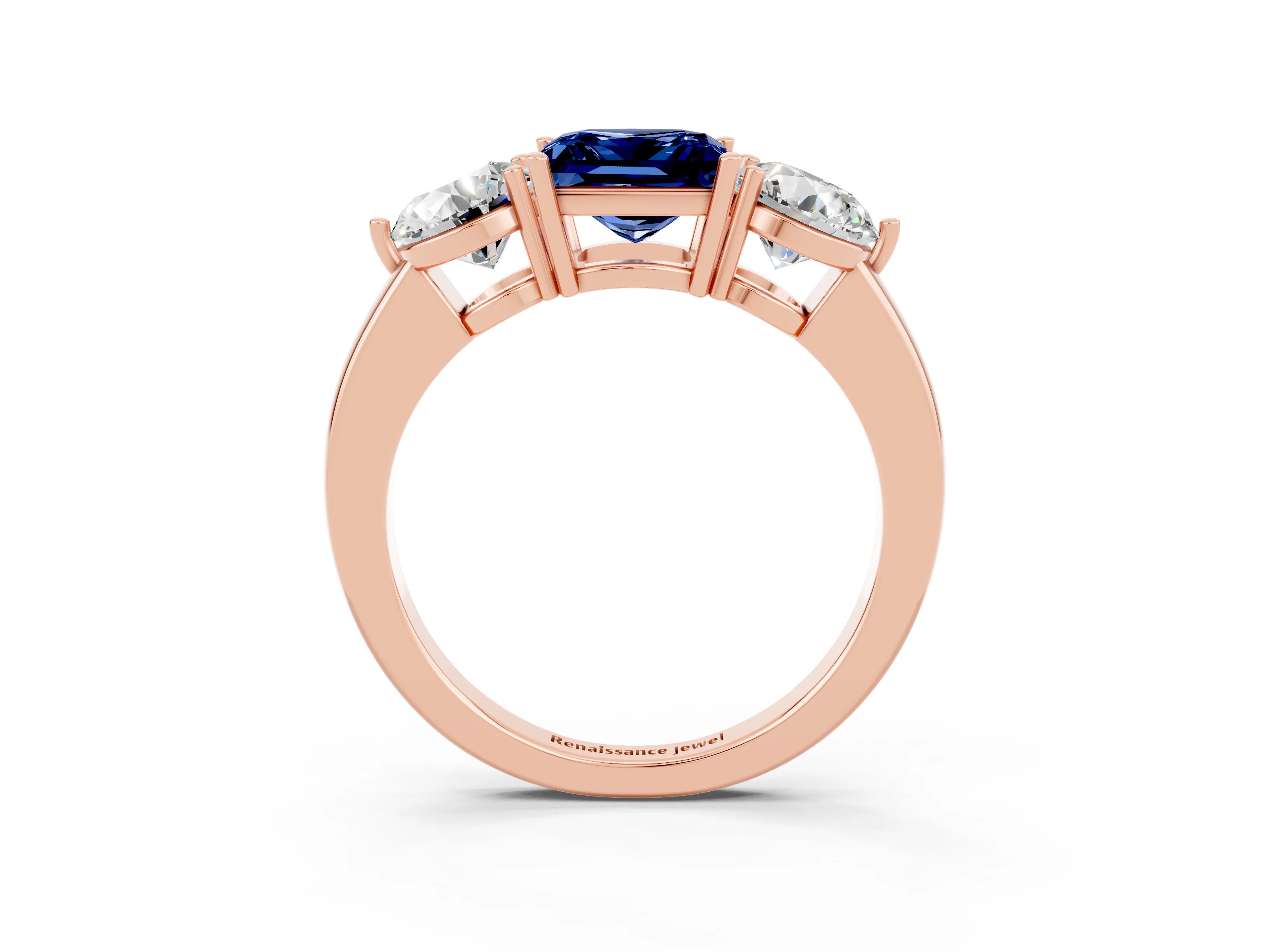 Rose gold Princess Cut Blue Sapphire Three-Stone Ring with Prong Setting and Classic Band_3