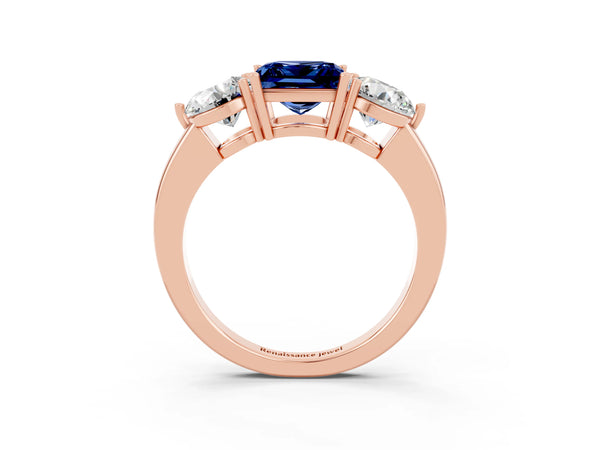 Rose gold Princess Cut Blue Sapphire Three-Stone Ring with Prong Setting and Classic Band