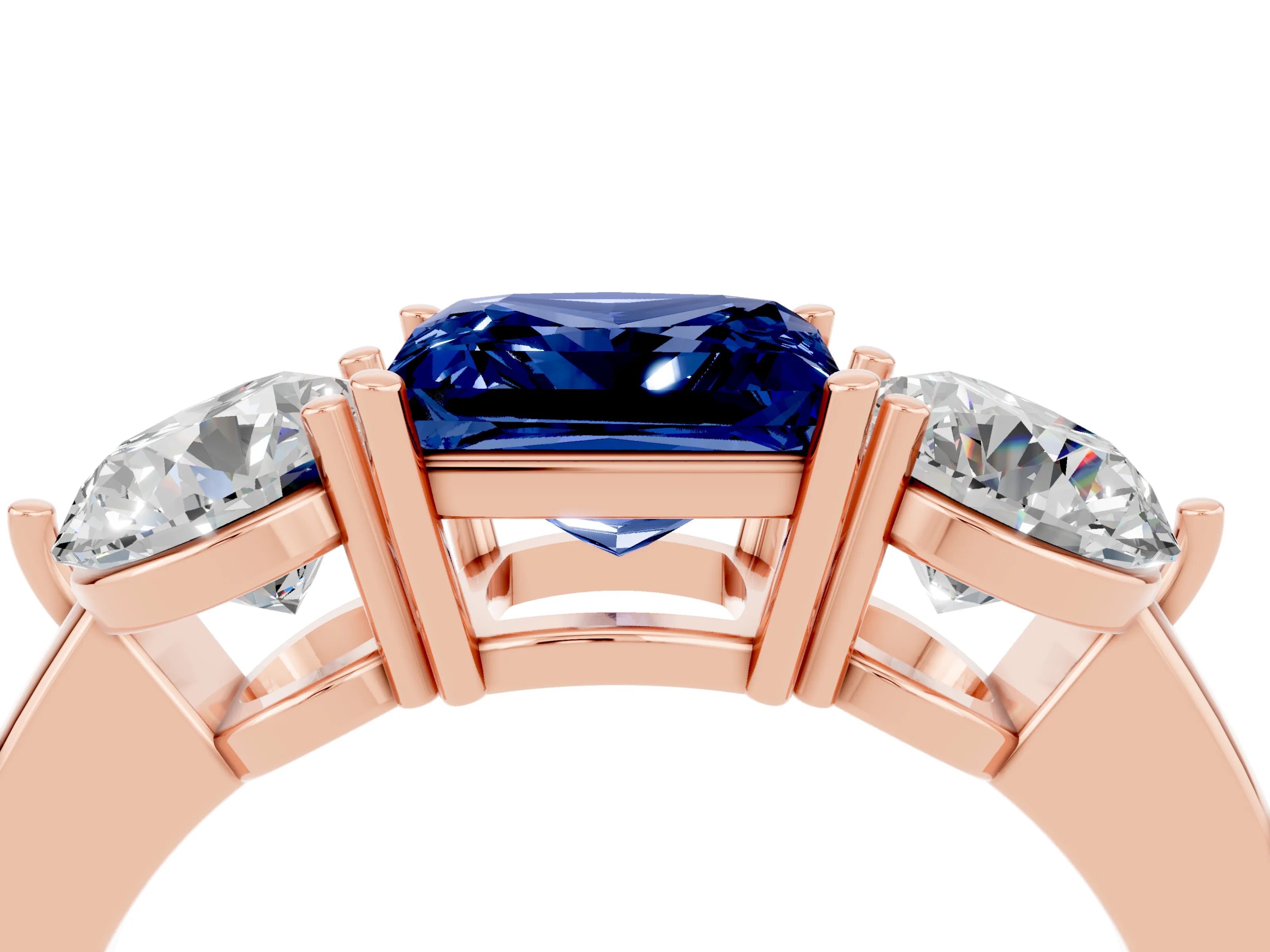 Rose gold Princess Cut Blue Sapphire Three-Stone Ring with Prong Setting and Classic Band_4