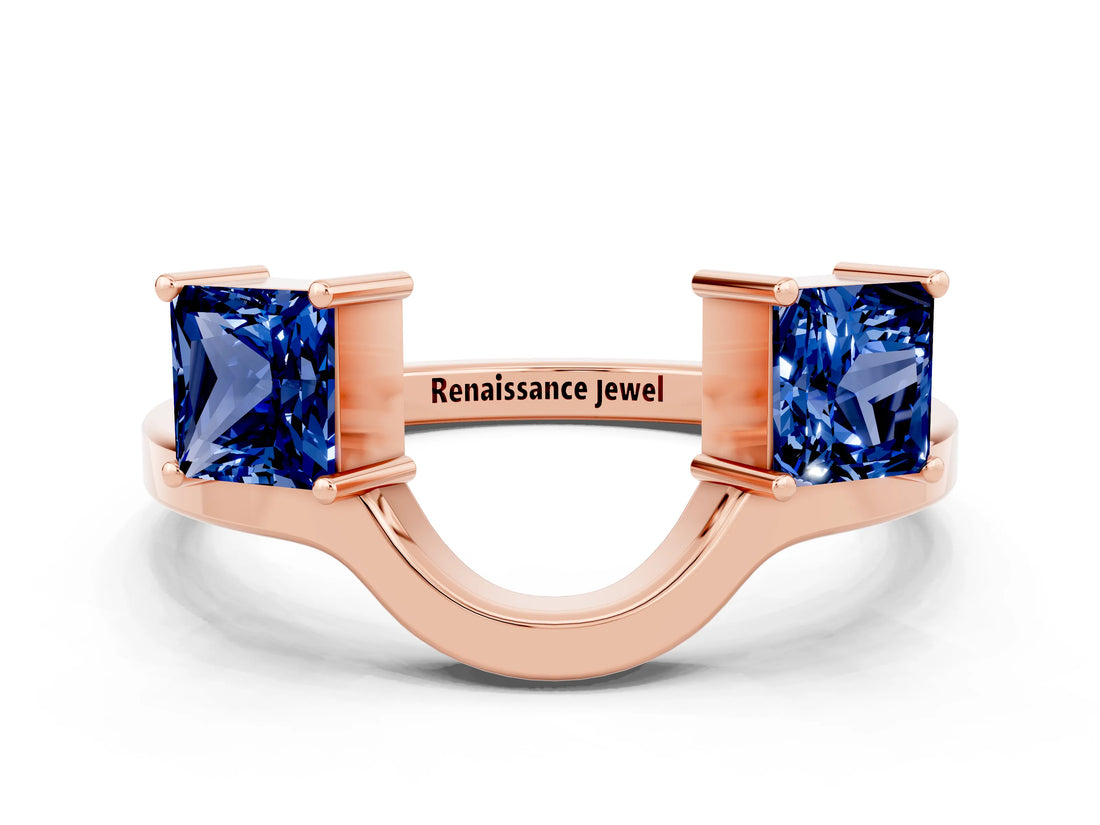 Rose gold Princess Cut Blue Sapphire Two-Stone Open Band Ring with Four-Prong Setting_6