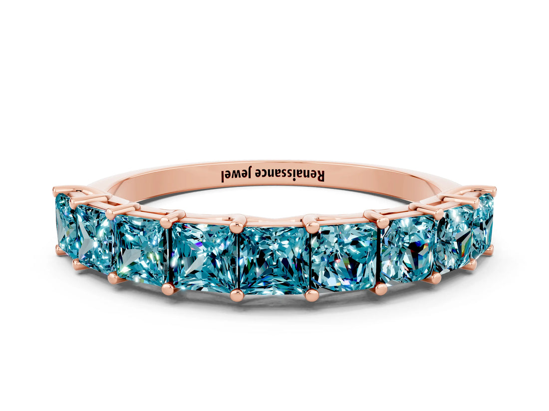 Rose gold Princess Cut Blue Topaz Channel-Set Eternity Band with Prong Setting_6