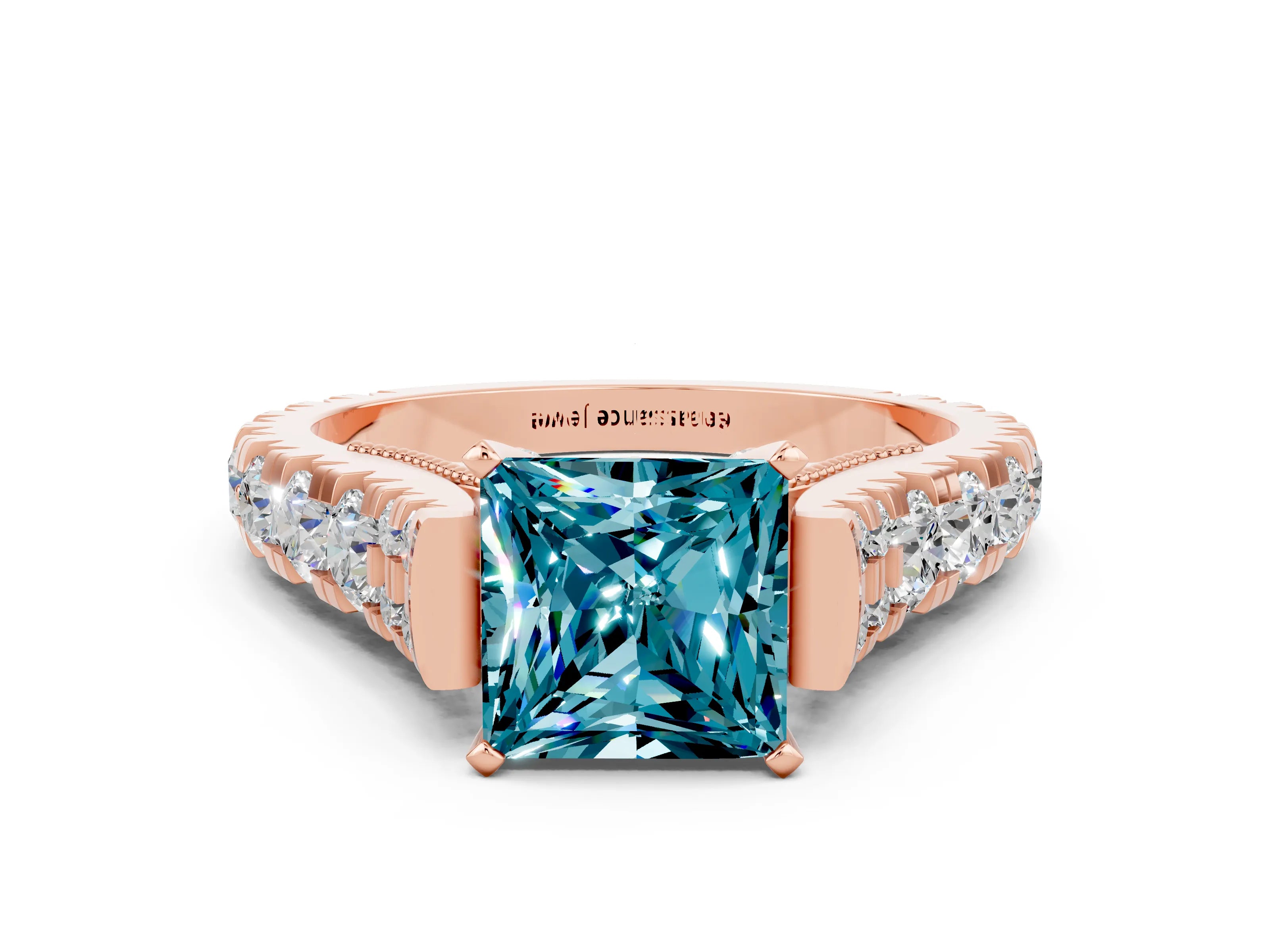 Rose gold Princess Cut Blue Topaz Classic Solitaire Ring with Pavé Band and Four-Prong Setting