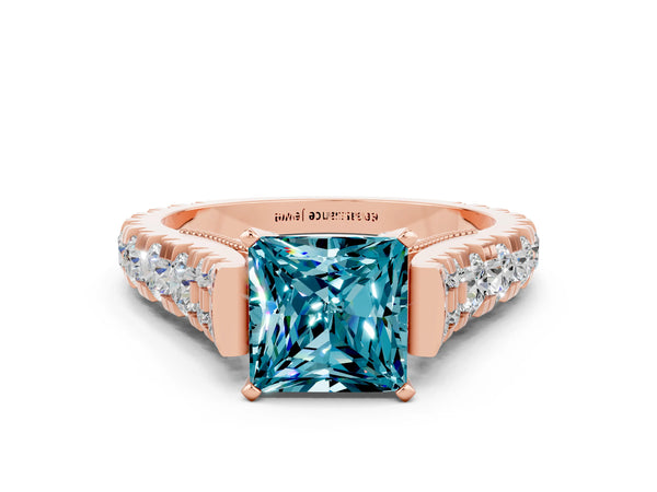 Rose gold Princess Cut Blue Topaz Classic Solitaire Ring with Pavé Band and Four-Prong Setting