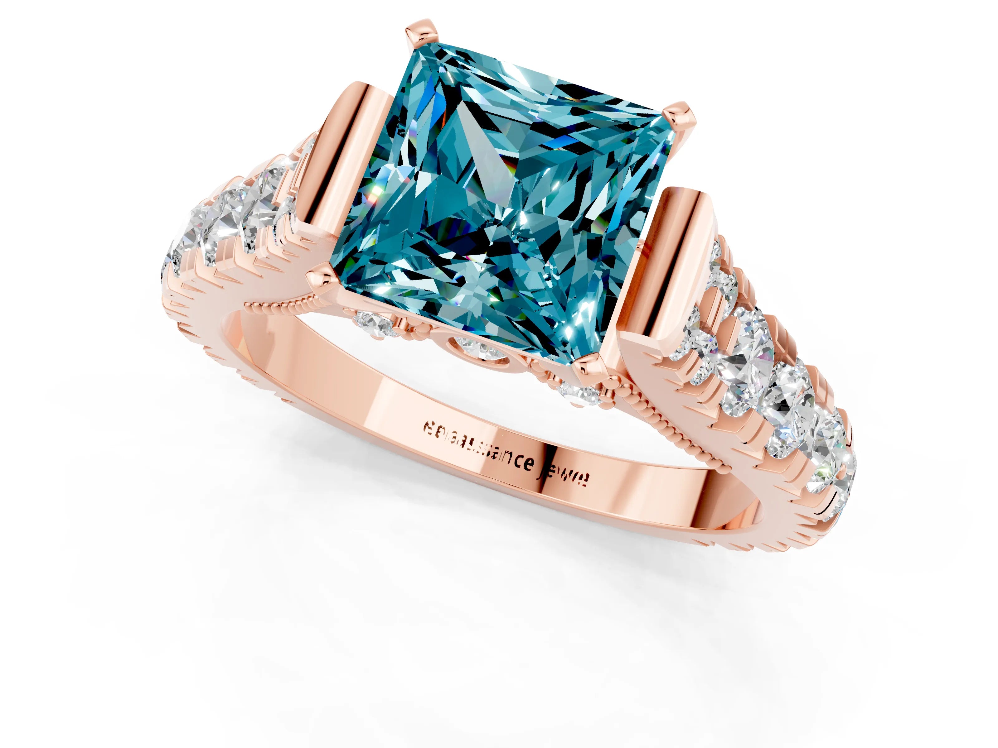 Rose gold Princess Cut Blue Topaz Classic Solitaire Ring with Pavé Band and Four-Prong Setting_1