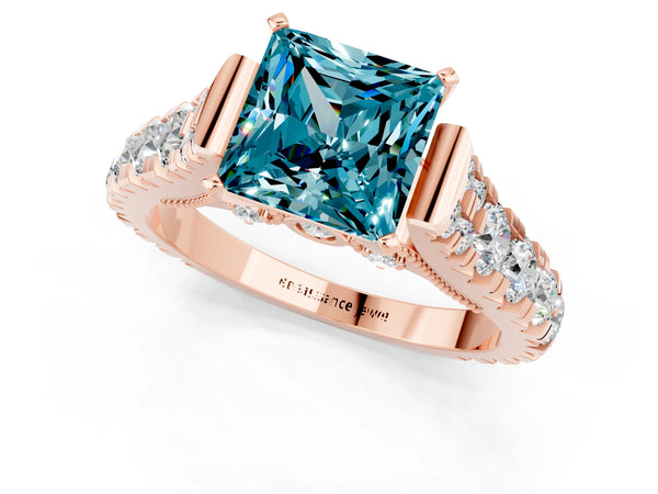Rose gold Princess Cut Blue Topaz Classic Solitaire Ring with Pavé Band and Four-Prong Setting