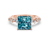 Rose gold Princess Cut Blue Topaz Cluster Side Stone Solitaire Ring with Prong Setting_24