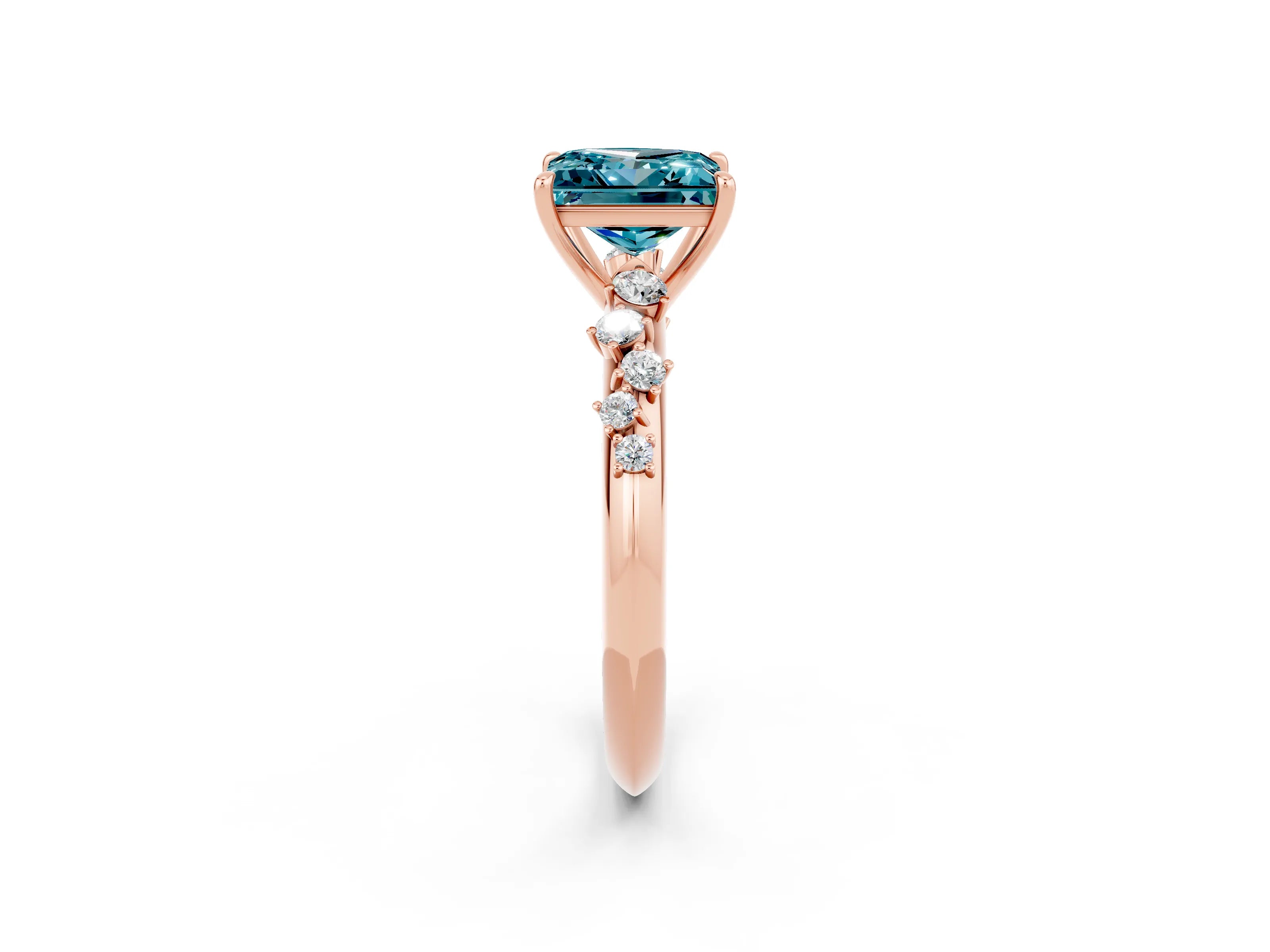 Rose gold Princess Cut Blue Topaz Cluster Side Stone Solitaire Ring with Prong Setting_26