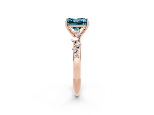 Rose gold Princess Cut Blue Topaz Cluster Side Stone Solitaire Ring with Prong Setting