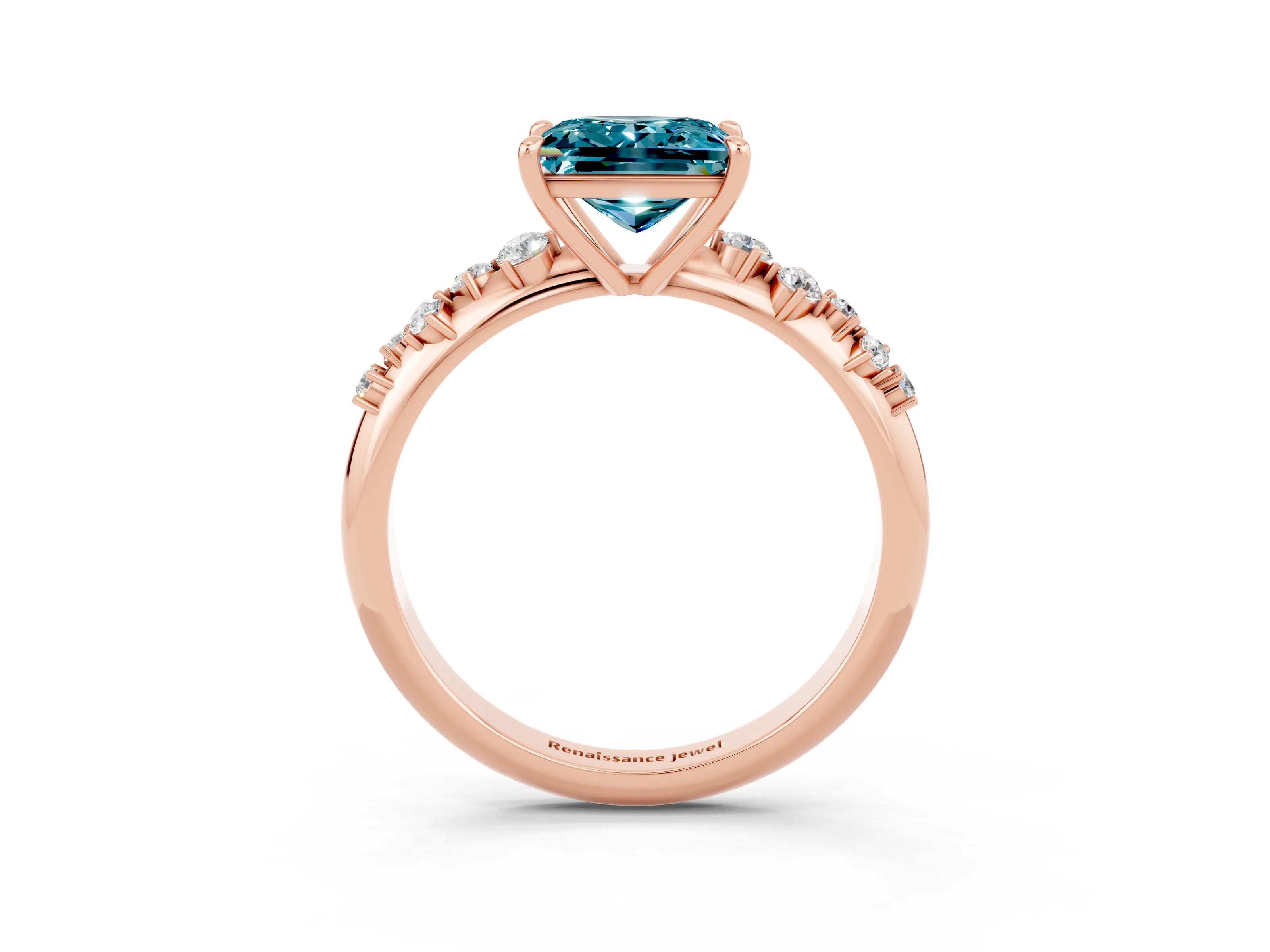 Rose gold Princess Cut Blue Topaz Cluster Side Stone Solitaire Ring with Prong Setting_27