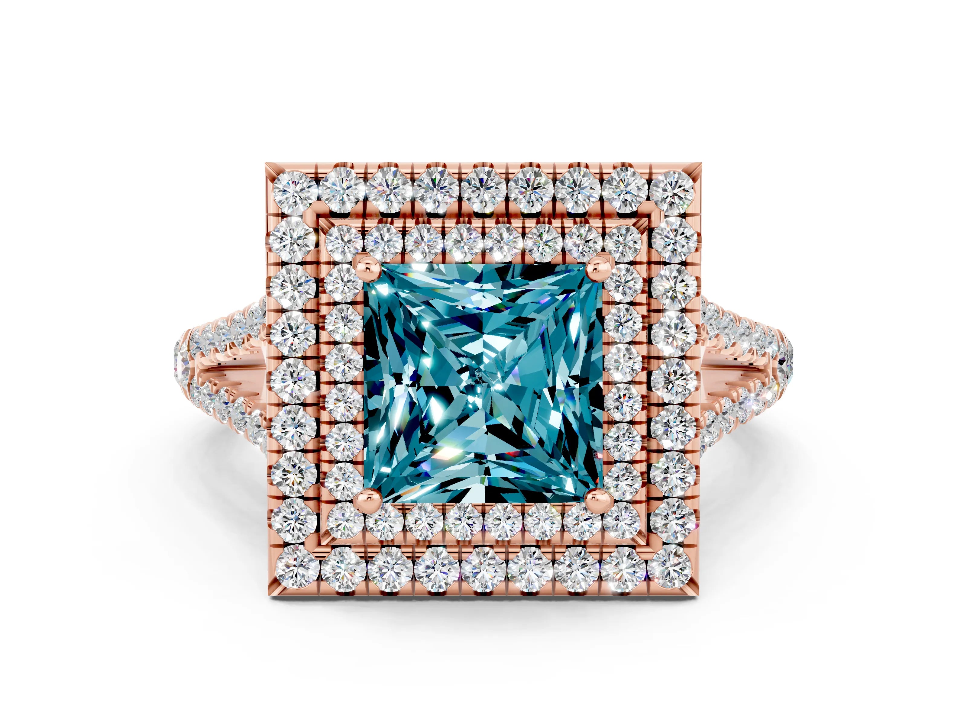 Rose gold Princess Cut Blue Topaz Double Halo Ring with Pavé Band and Prong Setting_12