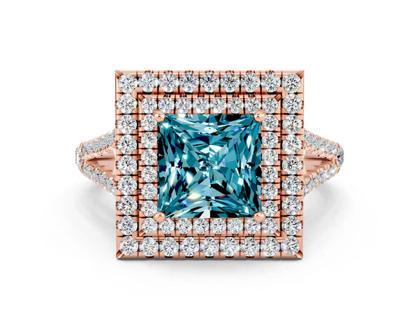 Rose gold Princess Cut Blue Topaz Double Halo Ring with Pavé Band and Prong Setting
