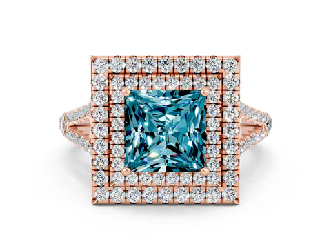 Rose gold Princess Cut Blue Topaz Double Halo Ring with Pavé Band and Prong Setting_12