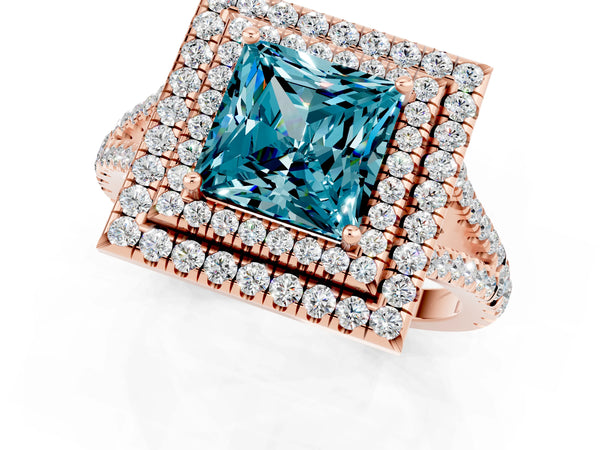 Rose gold Princess Cut Blue Topaz Double Halo Ring with Pavé Band and Prong Setting