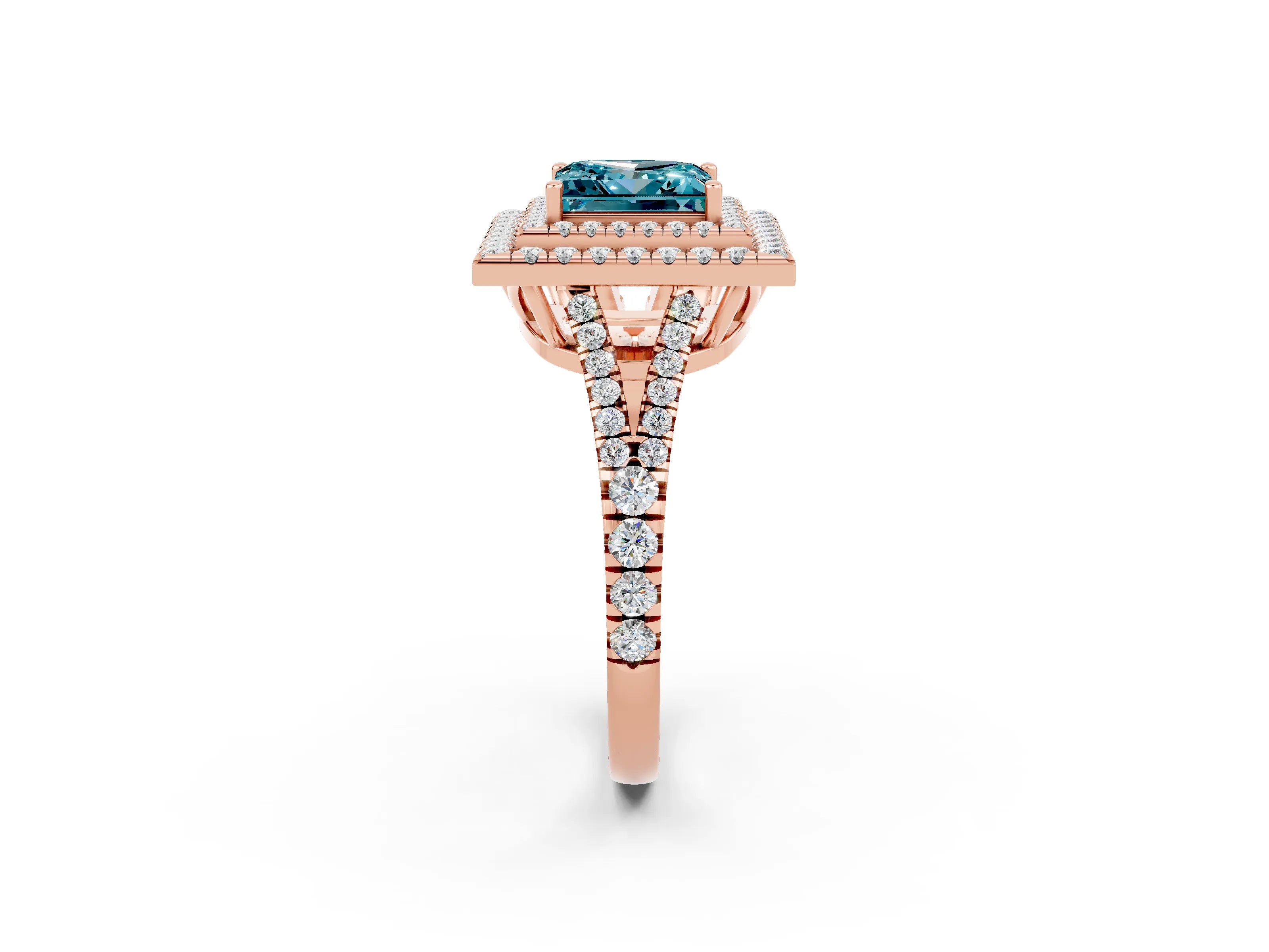 Rose gold Princess Cut Blue Topaz Double Halo Ring with Pavé Band and Prong Setting_14