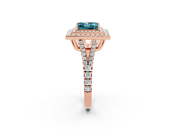 Rose gold Princess Cut Blue Topaz Double Halo Ring with Pavé Band and Prong Setting