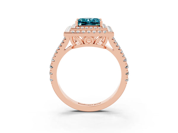 Rose gold Princess Cut Blue Topaz Double Halo Ring with Pavé Band and Prong Setting