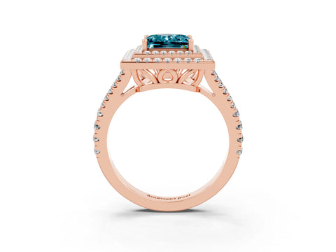 Rose gold Princess Cut Blue Topaz Double Halo Ring with Pavé Band and Prong Setting_15