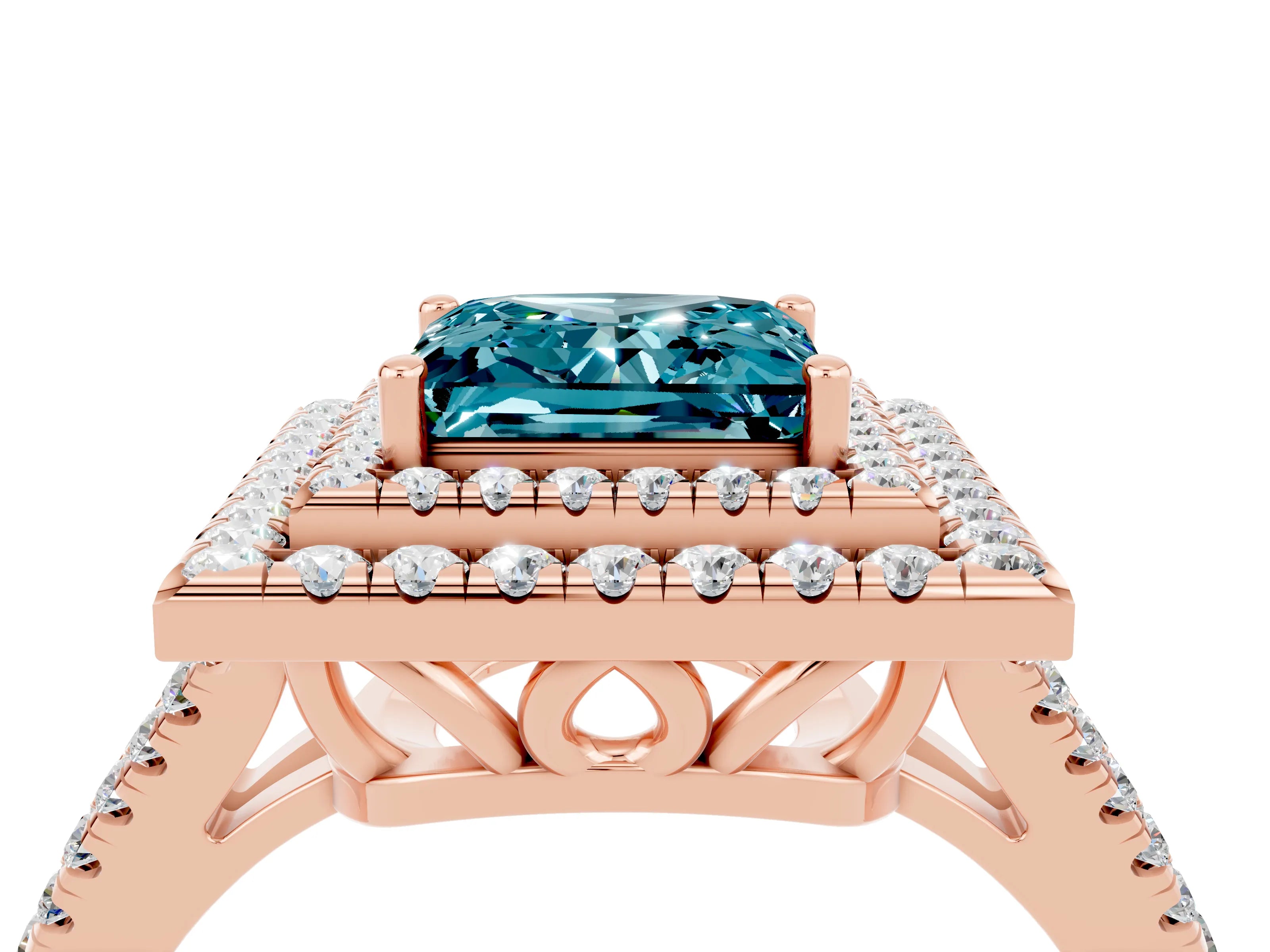 Rose gold Princess Cut Blue Topaz Double Halo Ring with Pavé Band and Prong Setting_16