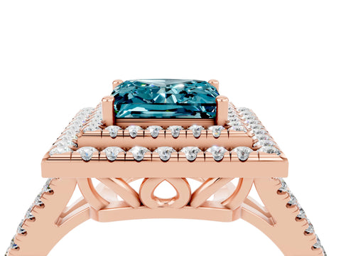 Rose gold Princess Cut Blue Topaz Double Halo Ring with Pavé Band and Prong Setting_16