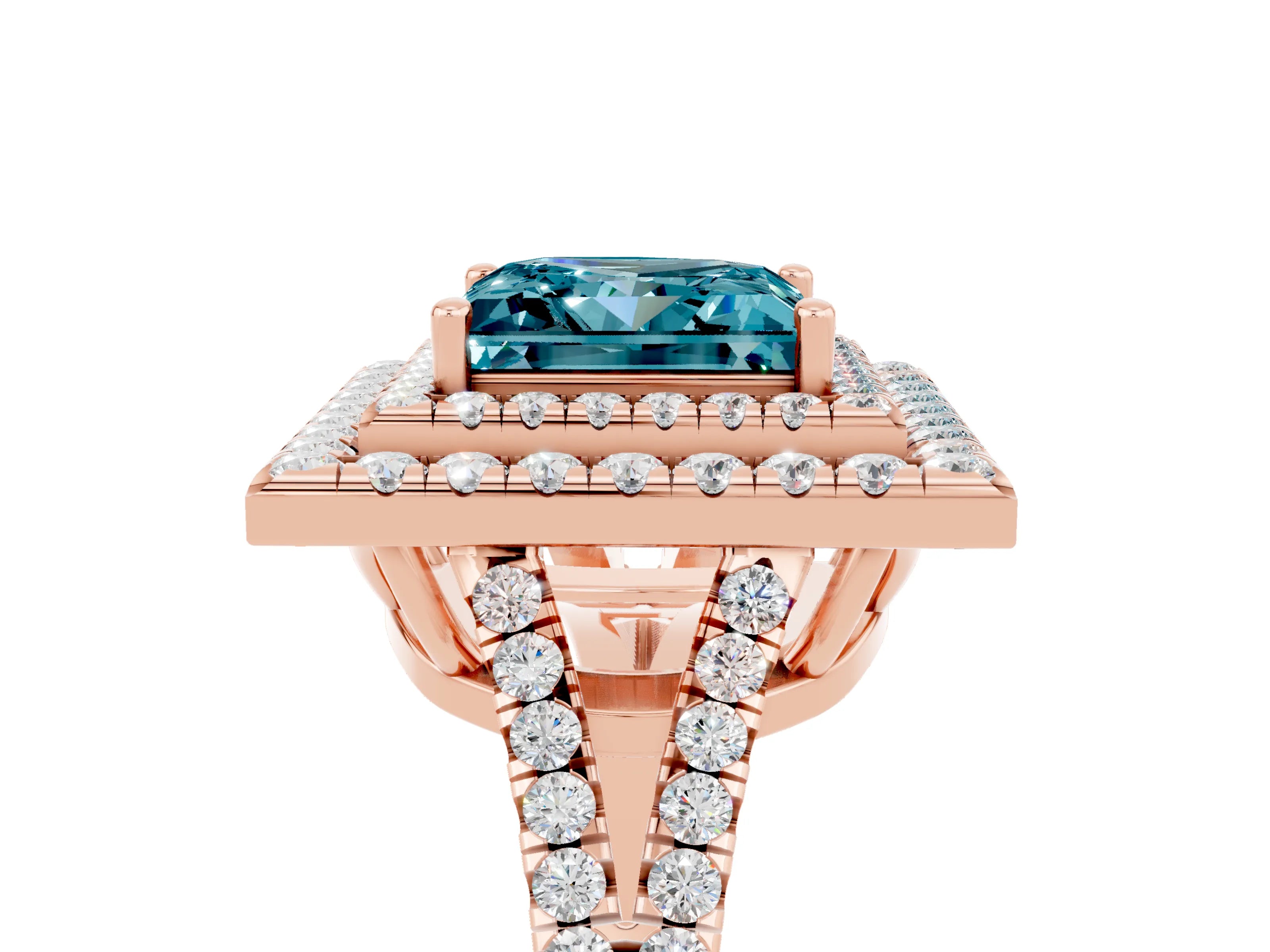 Rose gold Princess Cut Blue Topaz Double Halo Ring with Pavé Band and Prong Setting_17