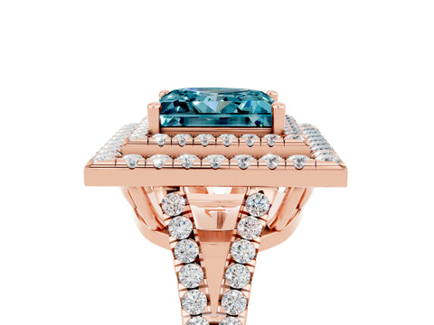 Rose gold Princess Cut Blue Topaz Double Halo Ring with Pavé Band and Prong Setting_17