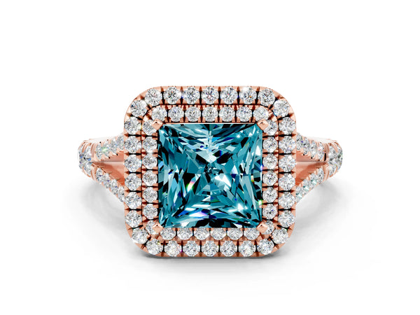 Rose gold Princess Cut Blue Topaz Double Halo Ring with Split Shank and Prong Setting